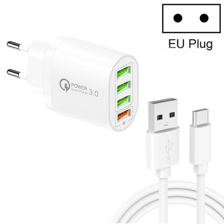 QC-04 QC3.0 + 3 x USB2.0 Multi-ports Charger with 3A USB to Type-C Data Cable, EU Plug(White) - Mobile Accessories by buy2fix | Online Shopping UK | buy2fix