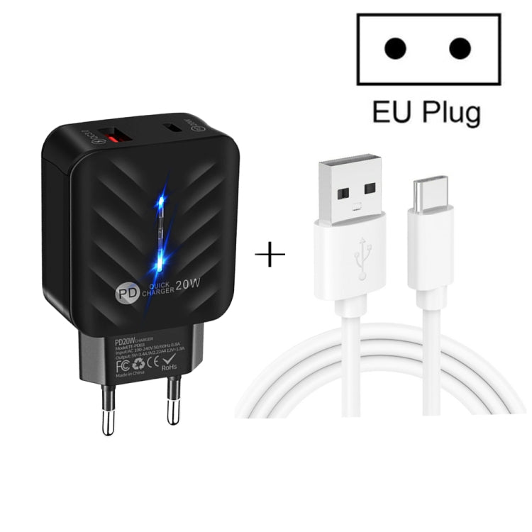 PD03 20W PD3.0 + QC3.0 USB Charger with USB to Type-C Data Cable, EU Plug(Black) - Mobile Accessories by buy2fix | Online Shopping UK | buy2fix