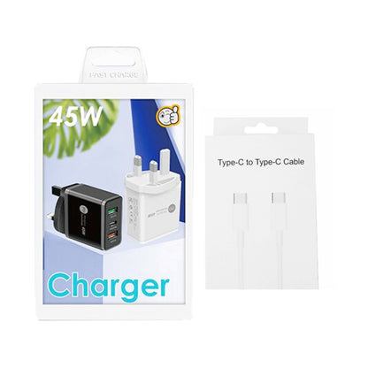 45W PD3.0 + 2 x QC3.0 USB Multi Port Charger with Type-C to Type-C Cable, UK Plug(Black) - Mobile Accessories by buy2fix | Online Shopping UK | buy2fix