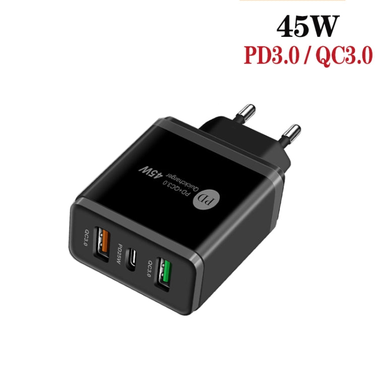 45W PD25W + 2 x QC3.0 USB Multi Port Charger with USB to 8 Pin Cable, EU Plug(Black) - USB Charger by buy2fix | Online Shopping UK | buy2fix