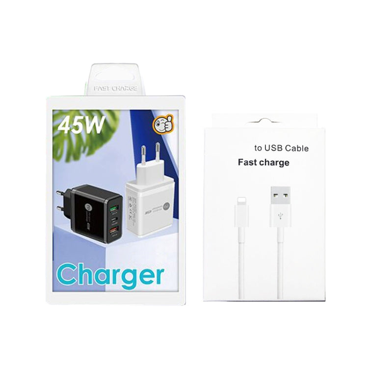 45W PD25W + 2 x QC3.0 USB Multi Port Charger with USB to 8 Pin Cable, EU Plug(Black) - USB Charger by buy2fix | Online Shopping UK | buy2fix