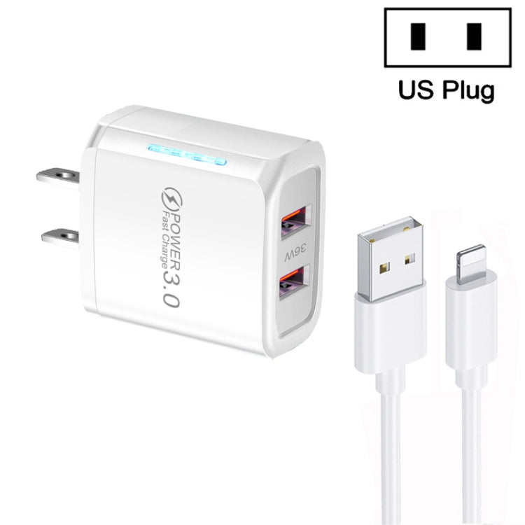 36W Dual Port QC3.0 USB Charger with 3A USB to 8 Pin Data Cable, US Plug(White) - Apple Accessories by buy2fix | Online Shopping UK | buy2fix