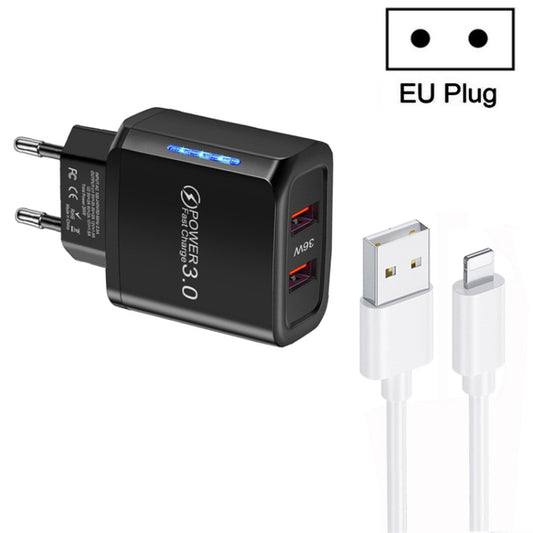 36W Dual Port QC3.0 USB Charger with 3A USB to 8 Pin Data Cable, EU Plug(Black) - Apple Accessories by buy2fix | Online Shopping UK | buy2fix