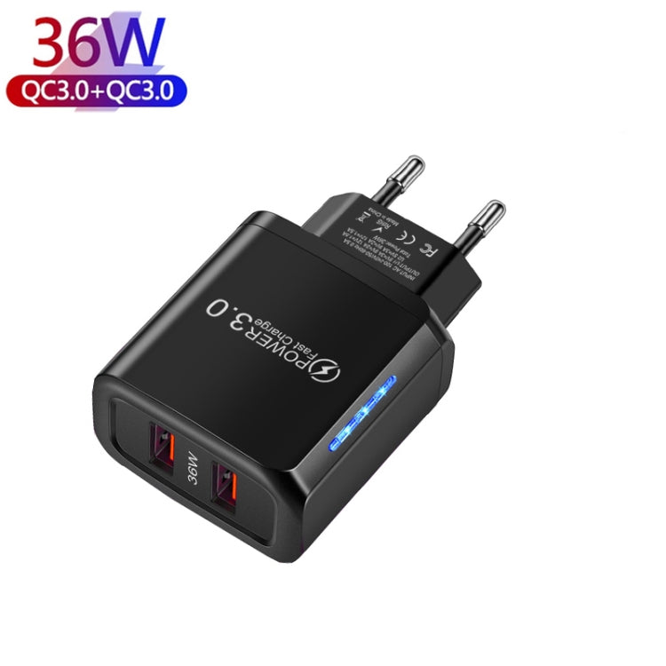 36W Dual Port QC3.0 USB Charger with 3A USB to Micro USB Data Cable, EU Plug(Black) - Mobile Accessories by buy2fix | Online Shopping UK | buy2fix