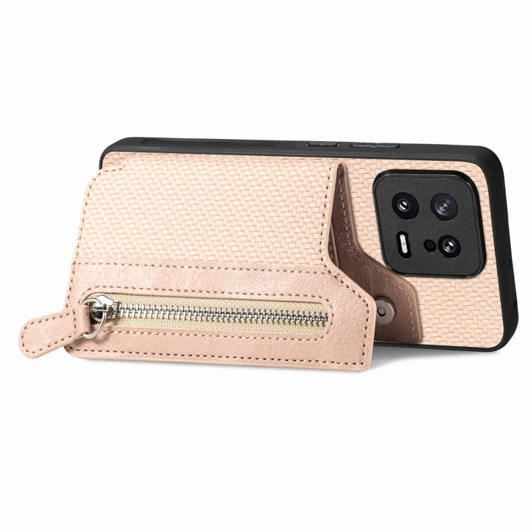 For Xiaomi 13 Carbon Fiber Flip Zipper Wallet Phone Case(Khaki) - 13 Cases by buy2fix | Online Shopping UK | buy2fix