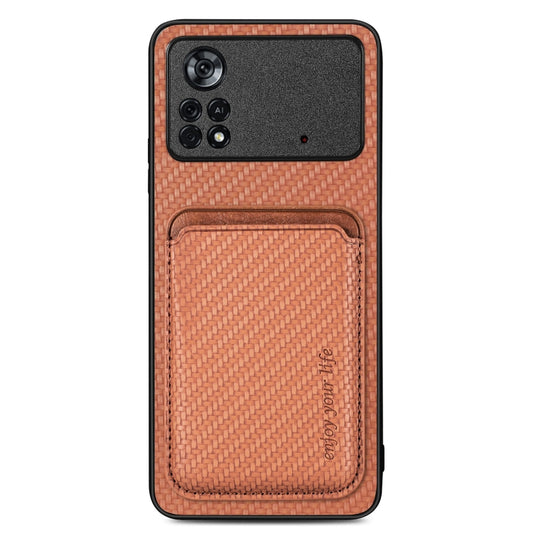 For Xiaomi Poco X4 Pro 5G Carbon Fiber Leather Card Magsafe Magnetic Phone Case(Brown) - Poco X4 Pro 5G Cases by buy2fix | Online Shopping UK | buy2fix