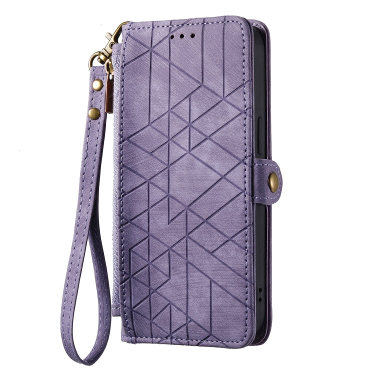 For iPhone 15 Plus Geometric Zipper Wallet Side Buckle Leather Phone Case(Purple) - iPhone 15 Plus Cases by buy2fix | Online Shopping UK | buy2fix