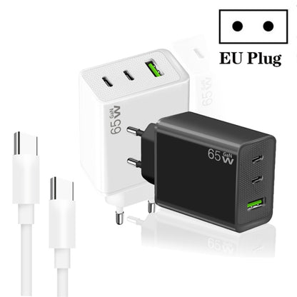 GaN PD65W Type-C x 2 + USB3.0 Charger with Type-C to Type-C Data Cable ,EU Plug(Black) - USB Charger by buy2fix | Online Shopping UK | buy2fix