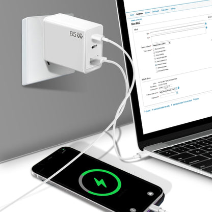 GaN PD65W Type-C x 2 + USB3.0 Charger with Type-C to Type-C Data Cable ,EU Plug(White) - USB Charger by buy2fix | Online Shopping UK | buy2fix