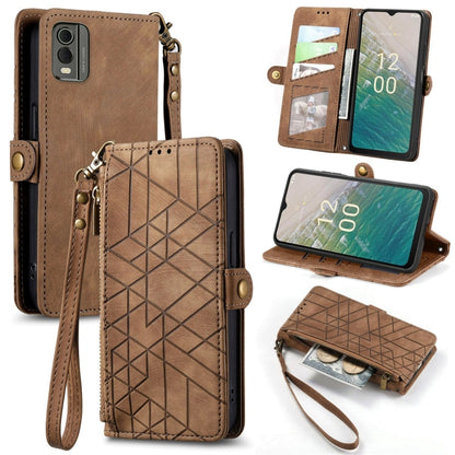 For Nokia C32 Geometric Zipper Wallet Side Buckle Leather Phone Case(Brown) - Nokia Cases by buy2fix | Online Shopping UK | buy2fix