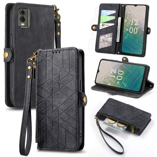 For Nokia C32 Geometric Zipper Wallet Side Buckle Leather Phone Case(Black) - Nokia Cases by buy2fix | Online Shopping UK | buy2fix