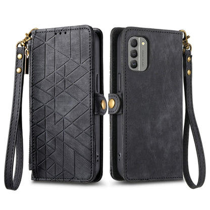 For Nokia C32 Geometric Zipper Wallet Side Buckle Leather Phone Case(Black) - Nokia Cases by buy2fix | Online Shopping UK | buy2fix