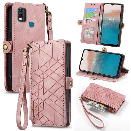 For Nokia C21 Plus Geometric Zipper Wallet Side Buckle Leather Phone Case(Pink) - Nokia Cases by buy2fix | Online Shopping UK | buy2fix