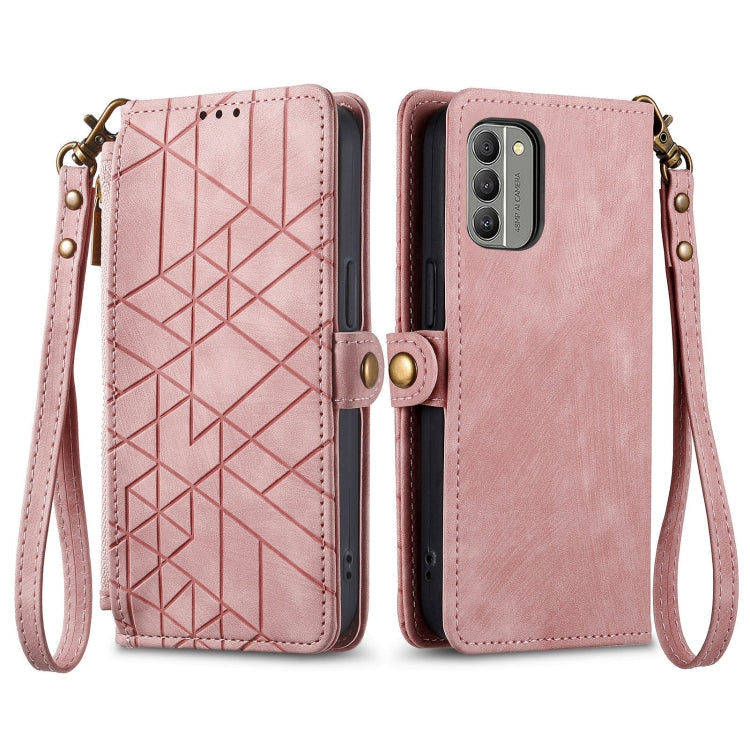 For Nokia C21 Plus Geometric Zipper Wallet Side Buckle Leather Phone Case(Pink) - Nokia Cases by buy2fix | Online Shopping UK | buy2fix