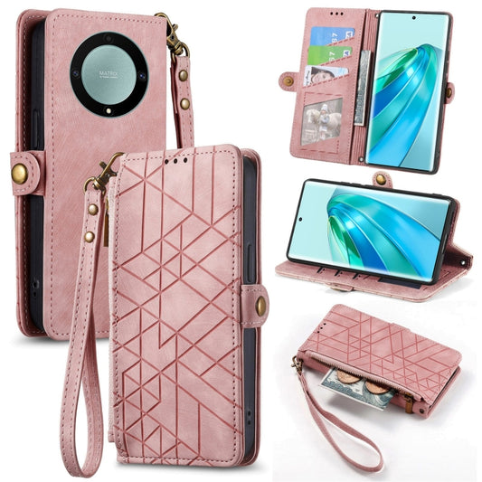 For Honor X9A Geometric Zipper Wallet Side Buckle Leather Phone Case(Pink) - Honor Cases by buy2fix | Online Shopping UK | buy2fix