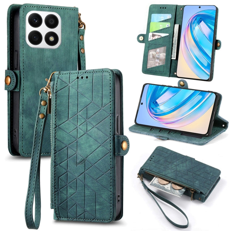 For Honor X8A Geometric Zipper Wallet Side Buckle Leather Phone Case(Green) - Honor Cases by buy2fix | Online Shopping UK | buy2fix