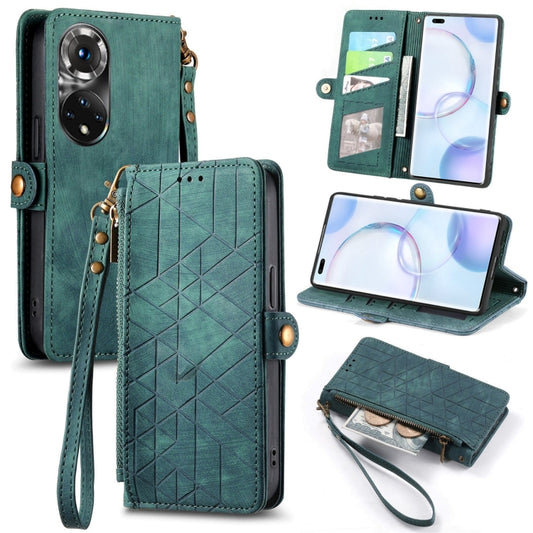 For Honor 50 Pro Geometric Zipper Wallet Side Buckle Leather Phone Case(Green) - Honor Cases by buy2fix | Online Shopping UK | buy2fix