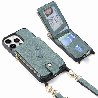 For iPhone 15 Pro Max Crossbody Love Zipper Leather Back Phone Case(Green) - iPhone 15 Pro Max Cases by buy2fix | Online Shopping UK | buy2fix