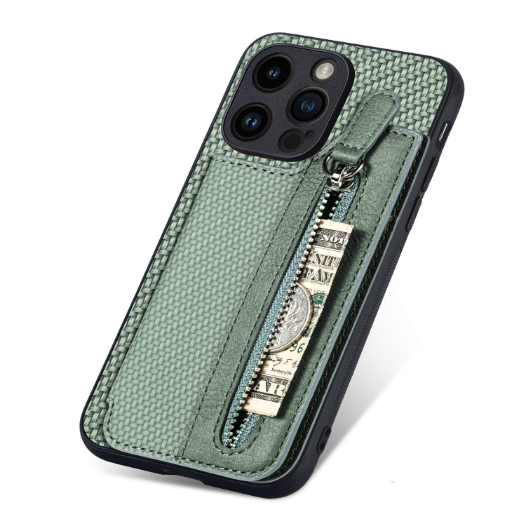 For iPhone 15 Pro Max Carbon Fiber Horizontal Flip Zipper Wallet Phone Case(Green) - iPhone 15 Pro Max Cases by buy2fix | Online Shopping UK | buy2fix