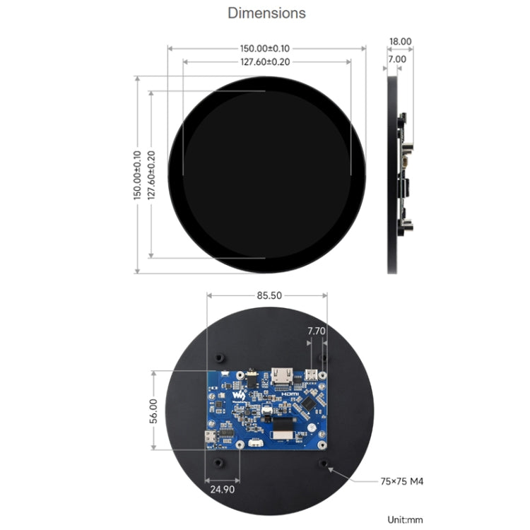 Waveshare 1080x1080 IPS Optically Bonded 5-Inch HDMI Circular 10-Point Touch Screen(24369) - LCD & LED Display Module by WAVESHARE | Online Shopping UK | buy2fix