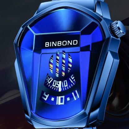 BINBOND Locomotive Concept Watch Men Live Black Technology Watch(Black Net Belt-Black Steel-Blue Face) - Metal Strap Watches by BINBOND | Online Shopping UK | buy2fix