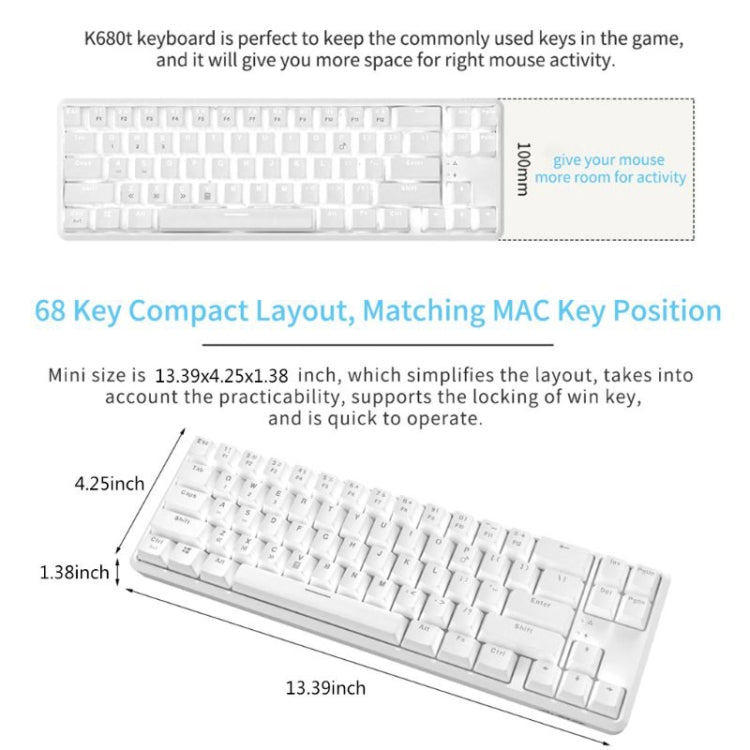 Ajazz K680T Mini USB Wired Dual-mode Charging 68-keys Laptop Bluetooth Mechanical Keyboard, Cable Length: 1.6m, Style:Black Shaft(White) - Wired Keyboard by Ajazz | Online Shopping UK | buy2fix