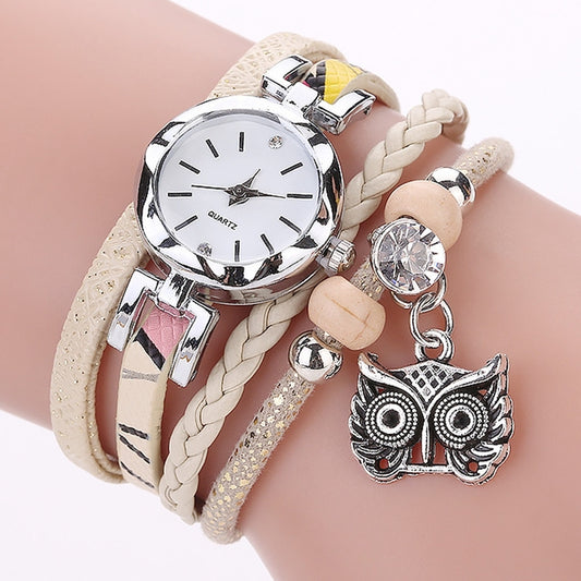 2 PCS Ladies Small Dial Circle Owl Pendant Bracelet Watch(Milk White) - Bracelet Watches by buy2fix | Online Shopping UK | buy2fix