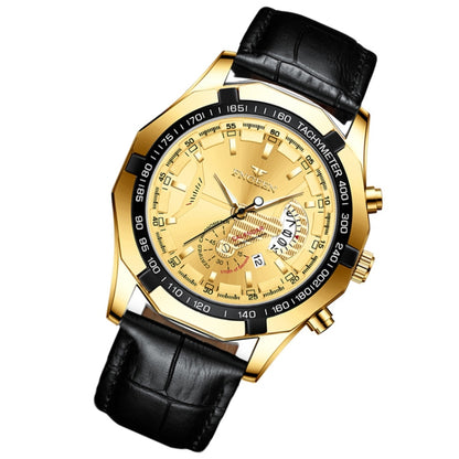 FNGEEN S001 Men Waterproof Watch Calendar Watch(Black Leather Full Gold Golden Surface) - Alloy Watches by FNGEEN | Online Shopping UK | buy2fix