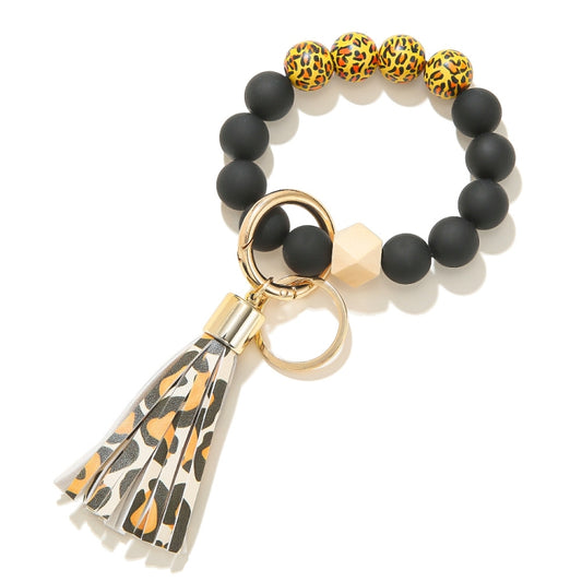 2 PCS Wooden Bead Frosted Bracelet Key Chain Pendant(Orange Leopard Pattern) - In Car by null | Online Shopping UK | buy2fix