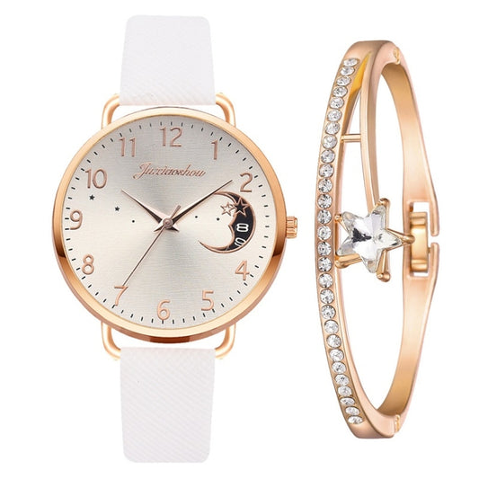 Ladies Moon Pattern Dial PU Strap Quartz Watch, Color: White+Bracelet - Leather Strap Watches by buy2fix | Online Shopping UK | buy2fix