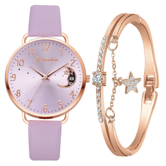 Ladies Moon Pattern Dial PU Strap Quartz Watch, Color: Purple+Bracelet - Leather Strap Watches by buy2fix | Online Shopping UK | buy2fix