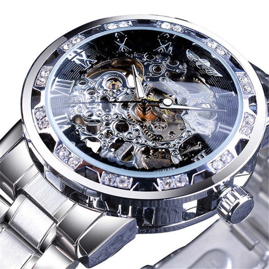 Winner Leisure Skeleton Diamond Luminous Pointer Watch Men Manual Mechanical Watch(Silver Belt Silver Shell Black Face) - Metal Strap Watches by Winner | Online Shopping UK | buy2fix