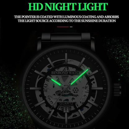 BINBOND B7872 Multifunctional Hollow Luminous Waterproof Quartz Watch, Color: Black Leather-Black-Black - Leather Strap Watches by BINBOND | Online Shopping UK | buy2fix