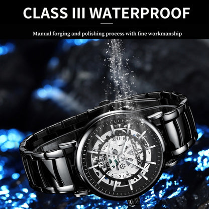 BINBOND B7872 Multifunctional Hollow Luminous Waterproof Quartz Watch, Color: Black Leather-Black-Black - Leather Strap Watches by BINBOND | Online Shopping UK | buy2fix
