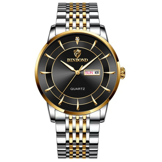 BINBOND B2077 30M Waterproof Quartz Luminous Watch Butterfly Buckle Men's Steel Belt Watch(Inter-gold-Black) - Metal Strap Watches by BINBOND | Online Shopping UK | buy2fix