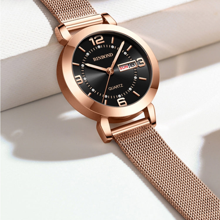 BINBOND B5907 Luminous Quartz Ladies Watch 30M Waterproof Calendar Steel Belt Watch(Pink) - Metal Strap Watches by BINBOND | Online Shopping UK | buy2fix