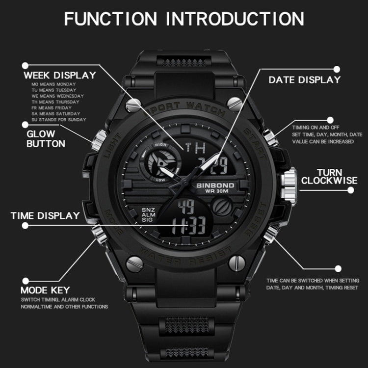 BINBOND B885 Outdoor Sports Timing Dual-Display Waterproof Electronic Watches(Black-White-Black) - Sport Watches by BINBOND | Online Shopping UK | buy2fix