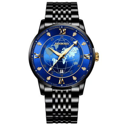 BINBOND B1117 30M Waterproof Earth Dial Butterfly Buckle Luminous Quartz Watch(Black Steel-Blue-Gold) - Metal Strap Watches by BINBOND | Online Shopping UK | buy2fix