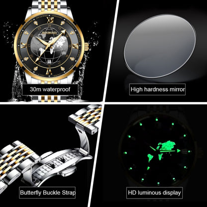 BINBOND B1117 30M Waterproof Earth Dial Butterfly Buckle Luminous Quartz Watch(Full-gold-Black-Gold) - Metal Strap Watches by BINBOND | Online Shopping UK | buy2fix