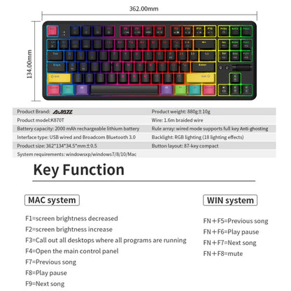 Ajazz K870T 87-Key Hot Swap Bluetooth/Wired Dual Mode RGB Backlight Office Game Mechanical Keyboard Tea Shaft (White) - Wireless Keyboard by Ajazz | Online Shopping UK | buy2fix