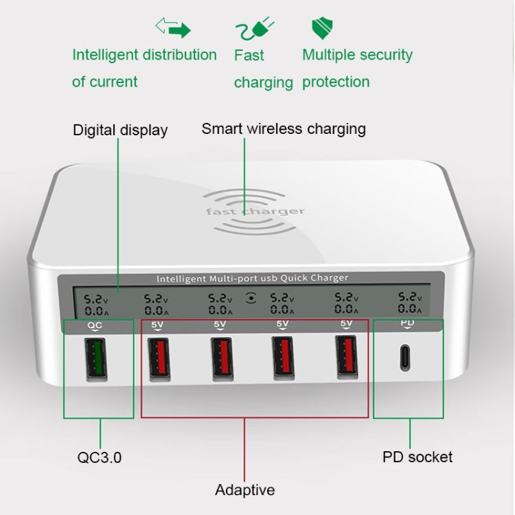 818PF 5 USB Ports + Type-C Smart Digital Display Wireless Phone Charger, Style: UK Plug (Black) - Multifunction Charger by buy2fix | Online Shopping UK | buy2fix