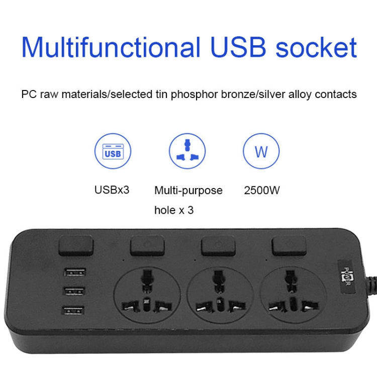 T14 2m 2500W 3 Plugs + 3-USB Ports Multifunctional Socket With Switch, Specification: EU Plug (Black) - Extension Socket by buy2fix | Online Shopping UK | buy2fix