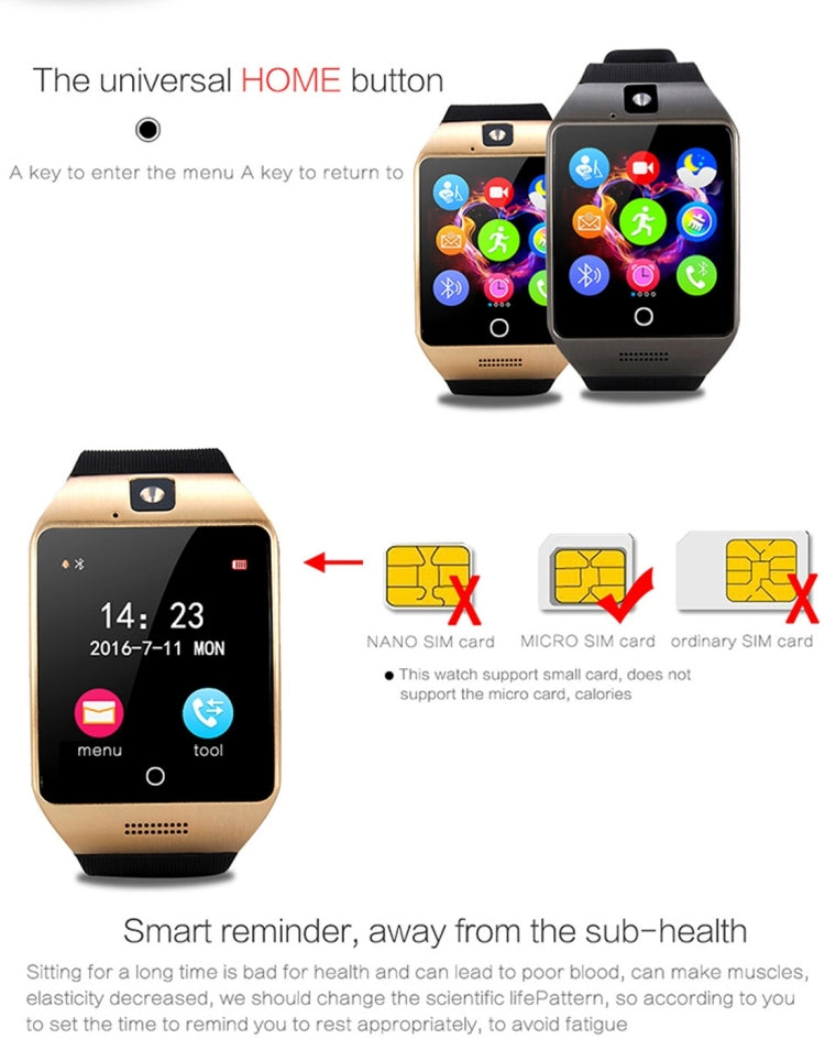 Q18S 1.54 inch IPS Screen MTK6260A Bluetooth 3.0 Smart Watch Phone, Pedometer / Sedentary Reminder / Sleeping Monitor  / Anti-Loss / Remote Camera / GSM / 0.3M Camera (Black + Gold) - Smart Wear by buy2fix | Online Shopping UK | buy2fix